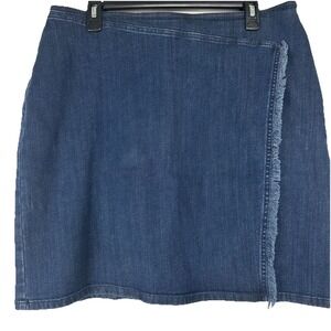 J. Jill‎ Denim Faux Wrap Skirt Size 14 Blue Stretch Boho Western Cowgirl Fringe